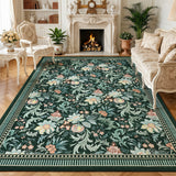 Garvee Washable Area Rug - Soft Pearl Velvet, Non-Slip Low Pile, Modern Floral Leaf Design, Compact Carpet for Living Room, Bedroom, Dining Room - Dark Green, 9x12ft - Dark Green