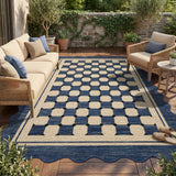 Garvee 8' x 10' Navy Checkered Easy Jute Area Rug, Scalloped Washable Non-Slip Low-Pile Rug for Living Room, Dining Room & Patio, Navy Blue - Navy Blue