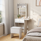 Garvee White Makeup Vanity Desk Set with Touch Control 3-Color LED Mirror – Fold-Up Panel, Power Outlets, Drawers, Stool & Open Shelves – Modern Bedroom Dressing Table, Color: White