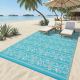 Garvee Outdoor Rug 9x18 Waterproof Reversible Boho Leaf Pattern Soft Plastic Straw Lightweight Portable for Patio RV Camping Picnic Deck - Light Blue & White