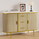 Garvee 47.3" Modern Buffet Cabinet with Storage, Mid Century Fluted Accent Coffee Bar Console Table with Faux Marble Top, 2 Curved Profile Sliding Doors & 3 Drawers for Kitchen, Living Room, Entryway