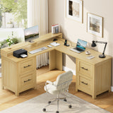 Garvee 63" Executive l Shaped Desk with 4 File Drawers & Power Outlet, Large Corner Computer Desk with Monitor Stand and Power Outlets, Home Office Desks with Storage Drawers - Oak