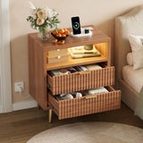 Garvee 2 Drawers Dresser for Bedroom, 23.6" w Wooden Dresser with LED Lights and Charging Station, Fluted Wood TV Stand with Gold Handle, Modern Chest of Dressers for Closet, Living Room, Hallway, Walnut - Walnut