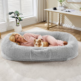 Garvee Orthopedic Memory Foam Dog Bed for Adults & Large Dogs – Oversized Calming Bean Bag Couch, Washable Faux Fur Cover, Side Pocket, Waterproof, Relaxing Nap Bed for Bedroom or Office – Light Gray - Light Gray