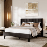 Garvee Modern Soft Platform Bed Set - Queen Size, Vertical Channel Tufted Wingback Headboard, Heavy Duty Wooden Slats, No Box Spring Needed, Easy Assembly, Black - Black