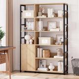 Garvee 5 Tier Bookshelf with Doors - 71.1" Industrial Display Standing Shelf Rack with Shelves & Metal Frame, Bookcase with Adjustable Shelf and Protective Rails for Living Room, Office, Natural - Natural Wood + Black Rack