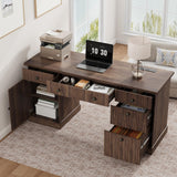 Garvee Stylish Fluted Panel Computer Desk, 60in Executive Workstation with Charging Function for Study - Brown