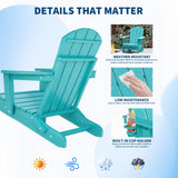 Garvee Folding Adirondack Chairs for Lawn & Fire Pit, 2-Pack HDPE Patio Chairs with Cup Holders and Embossed Wood Grain Finish, Lake Blue