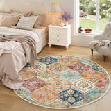 Garvee North African Trellis 5ft Round Washable Area Rug – Vintage Distressed, Non-Slip, Mark Resistant Soft Low Pile Accent Mat for Living Room, Bedroom – Orange - Orange
