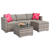 Garvee 5-Piece All-Weather Handwoven Wicker Rattan Patio Sectional Sofa Set with Cushions & Glass Coffee Table, Light Gray Cushions - Gray Gradient / Light Gray
