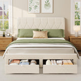 Garvee Velvet Upholstered Platform Bed Frame with Headboard & 2 Storage Drawers – Full Size – Sturdy Wooden Slats – No Box Spring Needed – Easy Assembly – Color: White, Size: F - Beige
