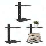 Garvee Modern Double Tier Floating Wall Shelves – Black Metal, Invisible Wall-Mounted Bookshelves, Sturdy Space-Saving Display Rack for Home Decor, Bedroom, Office – Easy Install, 3-Pack - Black