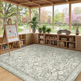 Garvee 5' × 7' Vintage Floral Area Rug, Machine Washable Non-Slip Low-Pile Soft Rug for Living Room, Bedroom & Nursery, Light Green - Light Green