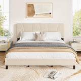 Garvee Twin Size Adjustable Bed Frame with Velvet Upholstered Headboard, Strong Wooden Slats, Metal & Wood Construction, Noise-Free, Easy Assembly, Bedroom - Beige