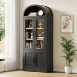 Garvee 72" Arched Bookcase Display Cabinet – 2 Glass & 2 Rattan Doors, Modern Farmhouse Freestanding Wooden Storage with Anti-Tipping Device, Black & Natural - Black & Natural