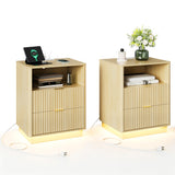Garvee Set of 2 Fluted Bedside Tables - 2-Drawer Modern Mid-Century Wood Bedside Tables with LED Light & Charging Station (USB & Type-C) - Natural Wood Color - Perfect for Bedroom or Living Room - US Standard - Natural Wood Color - Light Oak