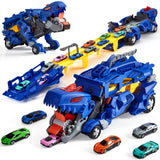 Garvee Dinosaur Carrier Truck Playset with 12 Dinosaur Cars, Foldable 3-Layer Race Track, Durable Non-Toxic Material, Portable Design, Kids Ages 3+, Indoor Play - Blue