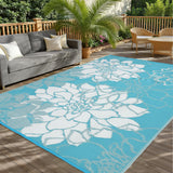 Garvee Outdoor Rug 9x12 Reversible Modern Floral Waterproof Washable Polypropylene Slip-Resistant Stakes Patio Deck Camping Mat Blue - Light Blue