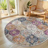 Garvee North African Trellis Washable Round Area Rug – Vintage Distressed, Mark Resistant, Non-Slip Accent Carpet for Living Room, Bedroom, Nursery – 5ft - Purple Multi