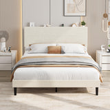 Garvee Corduroy Upholstered Platform Bed Frame with Adjustable Storage Headboard & USB Charging Station – Sturdy-colored Wood Slats – Noise-Free – Easy Assembly – No Box Spring Needed – Bedroom Storage Solution – Full Size, Offwhite - Beige