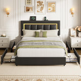Garvee PU Leather Upholstered Platform Bed Frame with 4 Storage Drawers – Adjustable Headboard, RGB LED Lights, USB & Type-C Charging, Noise-Free, Easy Assembly – Queen, Black - Black