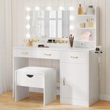 Garvee Vanity Set with Upholstered Storage Stool, Makeup Vanity Desk with Mirror and Lights, Power Outlet & 11 LED Bulbs, Dressing Table with 3 Drawers & Storage Shelves, White - White