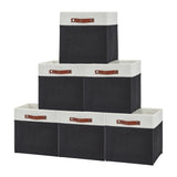 Garvee 13x13 Storage Cube Bins Set of 6, Foldable Linen Fabric Baskets with Leather Handles, Collapsible Shelf Organizer for Closet Cubby Shelves, Beige/White with Grey or Black Trim - White Black