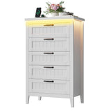 Garvee 5 Drawer Dresser for Bedroom with Charging Station and LED Lights, Farmhouse 44.9" Tall Chest of Dresser with Large Storage for Living Room, Hallway & Entryway, White - White