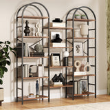 Garvee Arched Triple Column 5 Tier Bookshelf, 63"X71" Tall Book Shelf with Open Display Shelves, Industrial Wide Bookcase, Large Arched Display Storage Shelf for Living Room, Home Office, Rustic Brown - Rustic Brown
