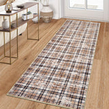 Garvee 2' × 6' Washable Tartan Plaid Runner Rug, Soft Non-Slip Low-Pile Stain-Resistant Non-Shedding Rug for Hallway and Kitchen, Camel - Beige Brown