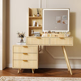 Garvee Modern Makeup Vanity Desk with Lighted Mirror, 5 Drawers, Power Outlet, Storage Shelves, Wave Panel, 3-Color LED Lighting – Bedroom Dressing Table - Natural Wood Color - Natural