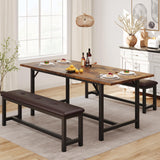 Garvee 3-Piece Extendable Wooden Dining Set with Upholstered Benches, Stretchable Table, Steel Frame, Retro Industrial Style, Space-Saving for Small Kitchens