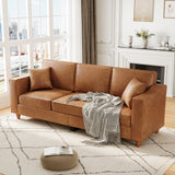 Garvee 85 Inches 3-Seater Sofa Couch with 2 Throw Pillows, Faux Leather Couch with Wide Armrests , Wood Legs, Deep Seats, Back Cushion, Sturdy Support Feet, Sofa Couches for Living Room, Office, Brown - Brown