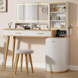 Garvee Vanity Desk with Lighted Mirror – 47.2'' Modern Makeup Table, Stool, Charging Station, Drawer, Cabinet & Glass Door, Adjustable Shelf – Bedroom Dressing Table – White + Brown - White