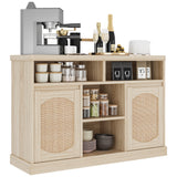 Garvee Farmhouse Rattan Entryway Storage Cabinet – 47" Sideboard with Adjustable Shelf, 2 Woven Doors, Open Storage, Natural Wood Accent – Kitchen, Dining, Living Room – Wood Color