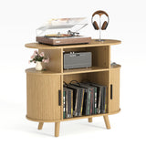 Garvee Mid-Century Modern Oak Record Player Stand – Integrated Charging Station & USB Ports – Large Round Turntable Table – Open Shelves for Vinyl Storage – Oak US Standard - Natural Oak