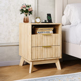 Garvee Wave Fluted Bedside Table with Charging Station, Modern Wood Night Stands for Bedroom, 2 Drawers and Open Storage Cubby, 2 USB Ports & 2 AC Outlets, 6'' Legs for Easy Cleaning, Small End Table - Natural