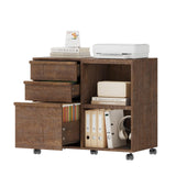Garvee 3 Drawer File Cabinet with Open Storage Shelves, Rolling Lateral Filing Cabinet for Letter/A4 Files, Mobile Printer Stand with Wheels, Wooden Office Storage Cabinet for Home Office, Brown - Brown