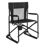 Garvee Folding Patio Rocking Chair for Camping & Garden, Portable Outdoor Rocker with Armrests, Breathable Backrest, Drink Holder and Blue Fabric - Black