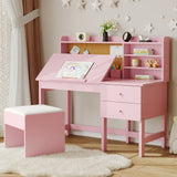 Garvee Wood Kids Study Table and Chair Set with Adjustable Tilt Desktop, Drawers and Cork Board for Ages 3-10, Pink - Pink