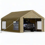 Garvee 10' × 20' Portable Garage, 200 GSM PE Carport Canopy with 2 Roll-Up Doors, 4 Mesh Windows, Galvanized Steel Frame, Khaki - Double Yellow