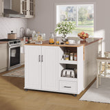 Garvee Versatile Rolling Kitchen Island Cart – 48'' Butcher Block Wood Top, Drop Leaf, Open Shelf, Drawer, Spice Rack, Lockable Wheels, Mobile Storage Table for Small Kitchens – White - White 43.3"