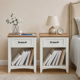 Garvee Farmhouse bedside tables Set of 2 with Charging Station – 1 Drawer & Open Shelf – Wooden Bedside Tables with Storage – Color Block - White & Oak