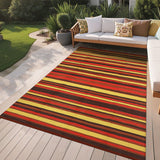 Garvee Reversible Outdoor Rug 9x18ft – Waterproof Plastic Straw Patio Carpet – Modern Colorful Striped Design for Balcony, Camping, Deck, Picnic, Backyard – Easy to Clean, Portable – Four Colors (Magenta/Red/Orange/Yellow), 9x18ft - Red Orange Yellow