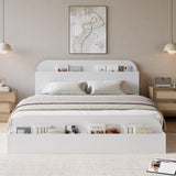 Garvee Queen Size Bed Frame, Wooden Beds with Storage Headboard and Raised-Foodboard, Queen-Floor Low Platform Bed for Bedroom, Sturdy Wooden Slats Support, No Box Spring Needed, White - White