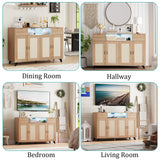 Garvee Rattan Sideboard Buffet Cabinet with Power Outlet – 2 Drawers, 4 Doors, Adjustable Shelves, Ample Storage for Dining Room, Living Room, Kitchen – Modern Console Table – Wood Color