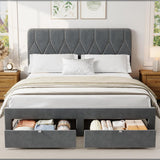 Garvee Velvet Upholstered Platform Bed Frame with 2 Storage Drawers & Headboard – Queen Size – Sturdy Wooden Slats – No Box Spring Needed – Easy Assembly – Color: Gray, Size: Q - Gray