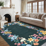 Garvee Black Multi Washable Floral Area Rug 8' × 10', Non Slip Low Pile Stain Resistant Botanical Bordered Rug for Living Room Bedroom Nursery - Black