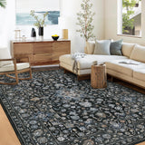 Garvee 9' × 12' Vintage Floral Medallion Area Rug, Machine Washable Non-Slip Low-Pile Soft Rug for Living Room, Bedroom & Nursery, Black