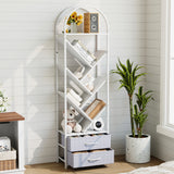 Garvee 55" Tree Bookshelf with 2 Fabric Drawers, 6-Tier Tall Narrow Bookcase for Small Spaces, Industrial Book Shelf Organizer for Bedroom Living Room, Home Office, White - White